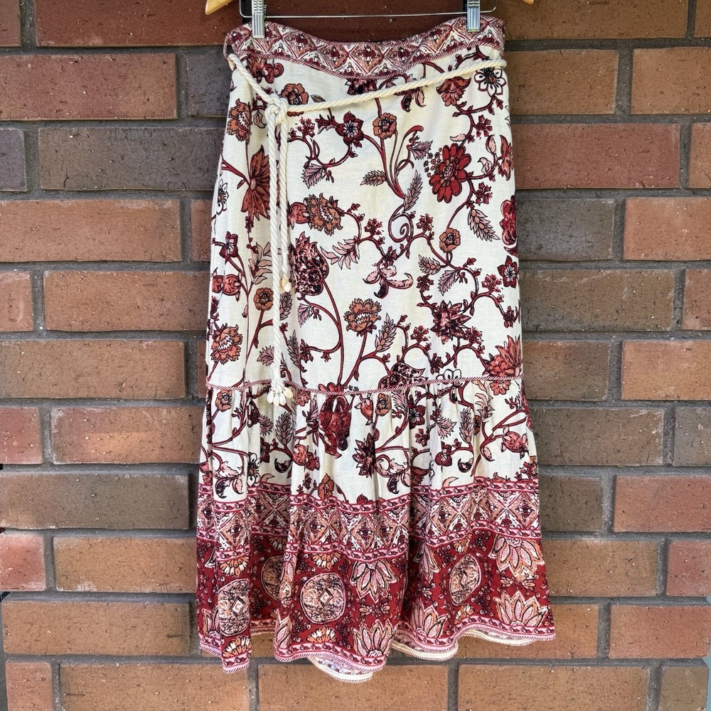 House Of Harlow 1960 Floral Maxi Skirt Rope Belt | Red Cream | Size Large